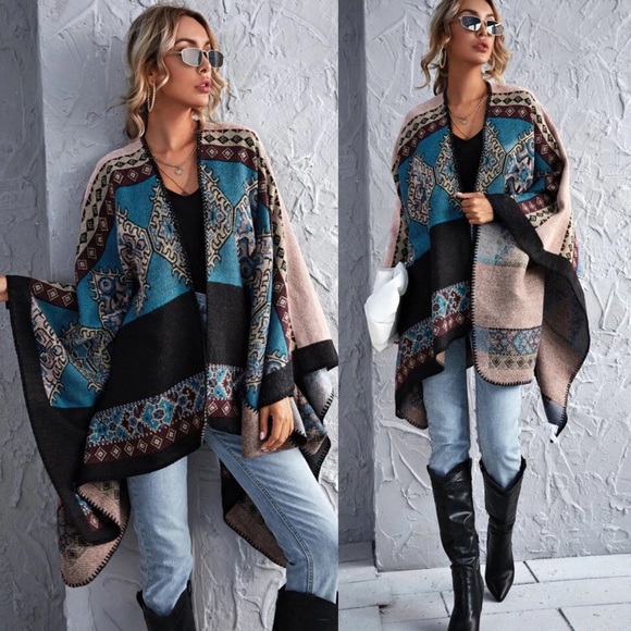 Teal Mix Print Kimono Poncho Cardigan Wrap Scarf - Picture 2 of 3